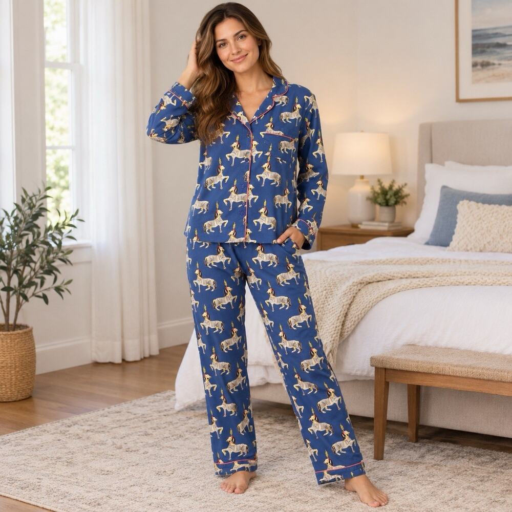 Their Nibs Women’s Large Zebra Print Pajama Set Blue Cotton Button Up Sleepwear